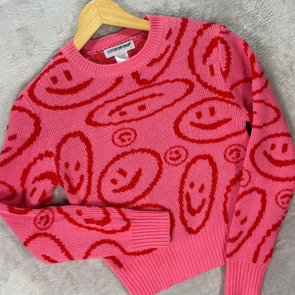 Cotton Emporium Women's Pink Red Smiley Face Knit Sweater Pullover Sz XS Y2K